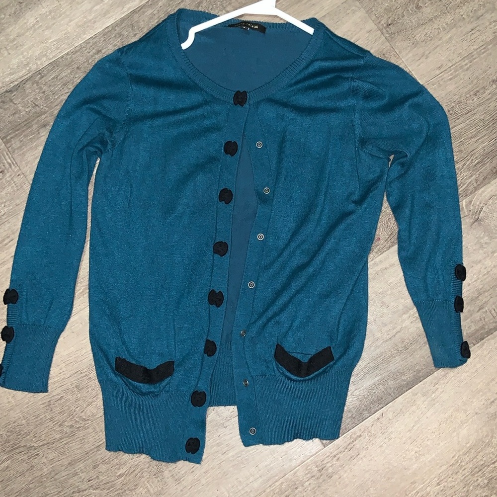 River island US 4 blue cardigan with bow buttons 3/4 sleeves